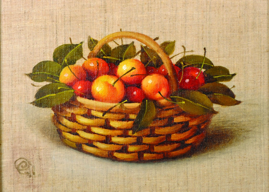 20th Century Russian School. Still Life with Cherries in a Basket, Oil on Artists Board, Signed in