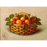 20th Century Russian School. Still Life with Cherries in a Basket, Oil on Artists Board, Signed in