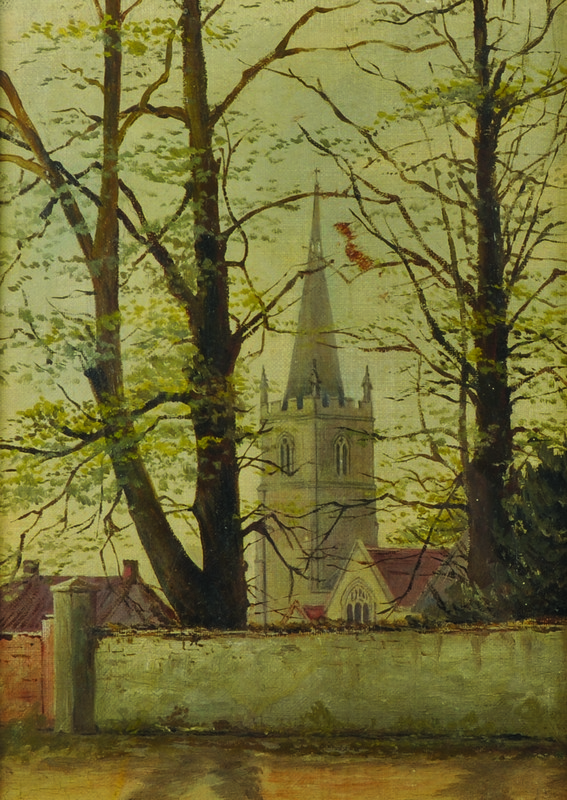 20th Century English School. Study of a Church, Oil on Canvas, 12" x 9".
