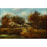 19th Century English School. A River Landscape, with a Lady by a Cottage, Oil on Canvas,