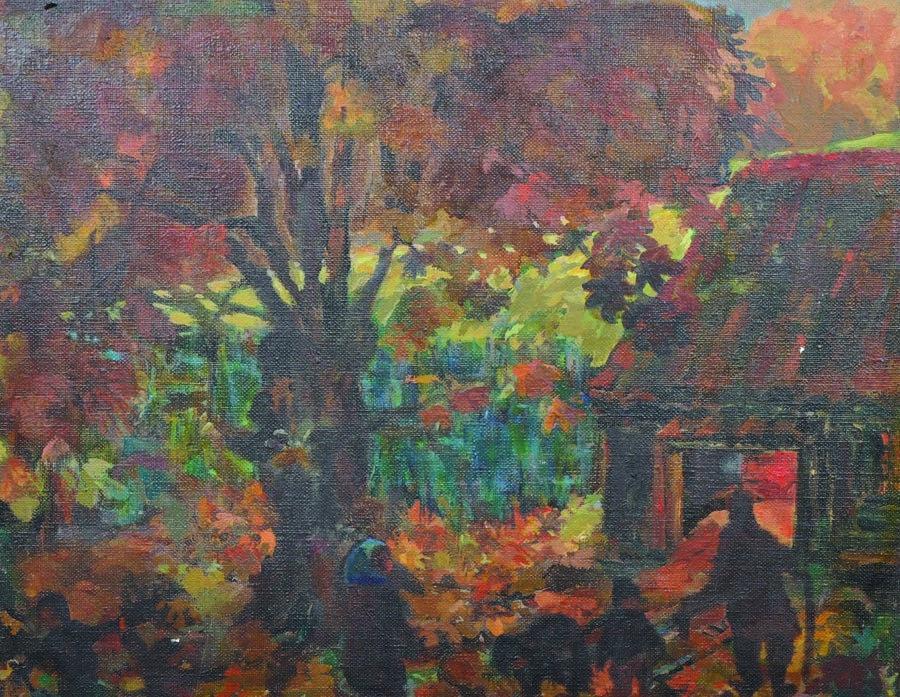 Heather Sprague (20th Century) British. Figures in a Park, Oil on Canvas, Indistinctly Signed on the