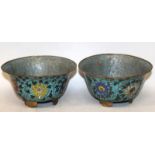 A PAIR OF 19TH CENTURY ORIENTAL MING STYLE CLOISONNE BOWLS, each decorated on a turquoise ground