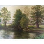 Henry Crowther (XIX-XX) RIVER LANDSCAPE WITH CATTLE Oil on canvas. Signed. Dated 1920. 44cm x 59cm