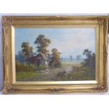 AUBREY RAMUS FRAMED OIL ON CANVAS DEPICTING RURAL SCENE WITH THATCHED COTTAGE, APPROX. 76 X 53 cm