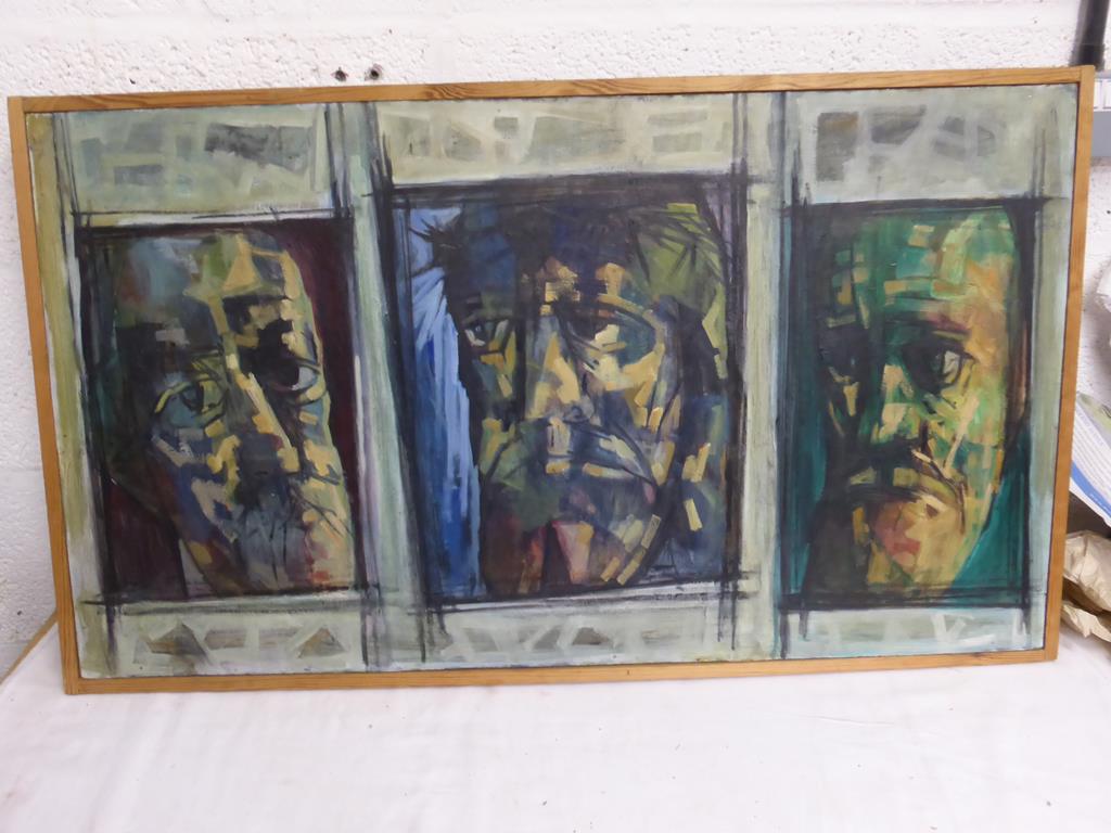 DOUGLAS PITTUCK OIL DEPICTING 3 FACES AT A WINDOW, 3 APOSTLES APPROX. 92 X 52 cm