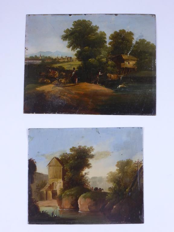 2, 18TH CENTURY MINIATURE OILS ON TIN EACH DEPICTING A LANDSCAPE SCENE APPROX. 11 X 8.5 AND 9 X 8