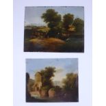 2, 18TH CENTURY MINIATURE OILS ON TIN EACH DEPICTING A LANDSCAPE SCENE APPROX. 11 X 8.5 AND 9 X 8