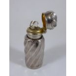 VICTORIAN SILVER FLUTED PERFUME BOTTLE WITH HINGED COVER AND ORIGINAL GLASS STOPPER IN FITTED