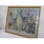 DOUGLAS PITTUCK PASTEL DEPICTING DEMOLITION SCENE APPROX. 55 X 42 cm