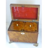 A VERY GOOD QUALITY REGENCY BURR WALNUT TEA CADDY WITH FITTED 2 COMPARTMENT INTERIOR, IVORY