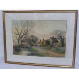 WATERCOLOUR HENRY CHARLES FOX DEPICTING RURAL SCENE WITH BLACK AND WHITE COTTAGE AND CATTLE