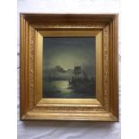 FRAMED OIL ON CANVAS, MOONLIT MARITIME SCENE, APPROX. 36, 31 cm, INDISTINCTLY SIGNED BUT THOUGHT