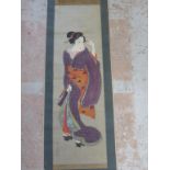 CHINESE SCROLL DEPICTING GEISHA, APPROX. 100 X 30 cm