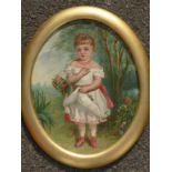 OVAL NAÏVE OIL ON BOARD DEPICTING A GIRL WITH A BASKET OF FLOWERS APPROX. 38 X 30 cm