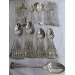 SILVER KINGS PATTERN PART CANTEEN, 12 DINNER FORKS, 12 DESSERT FORKS, 12 DESSERT SPOONS, 12 TABLE