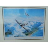 FRAMED PICTURE OF SPITFIRE BY ROBERT TAYLOR SIGNED BY DOUGLAS BADER AND JOHNNIE JOHNSON