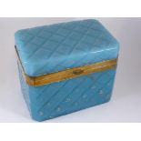 FRENCH BLUE GLASS CASKET OF RECTANGULAR FORM, HINGED LID WITH GILT METAL MOUNTS APPROX. 13 X 8.5 X