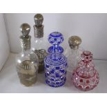SILVER MOUNTED CUT GLASS PERFUME BOTTLE, RED AND BLUE BOHEMIAN GLASS PERFUME BOTTLES AND A PAIR OF