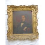 19TH CENTURY OIL ON BOARD DEPICTING A GENTLEMAN IN PERIOD COSTUME, LABELLED CHAS. HILL 1850, PRIVY