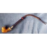 19TH CENTURY GERMAN/AUSTRIAN SILVER MOUNTED MEERSCHAUM ‘KALMASH’ PIPE WITH CHERRY WOOD STEM AND