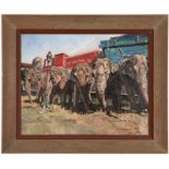 Chang Reynolds (circa 1914-1987 Pasadena, CA) Ringling Brothers Circus elephants, signed lower