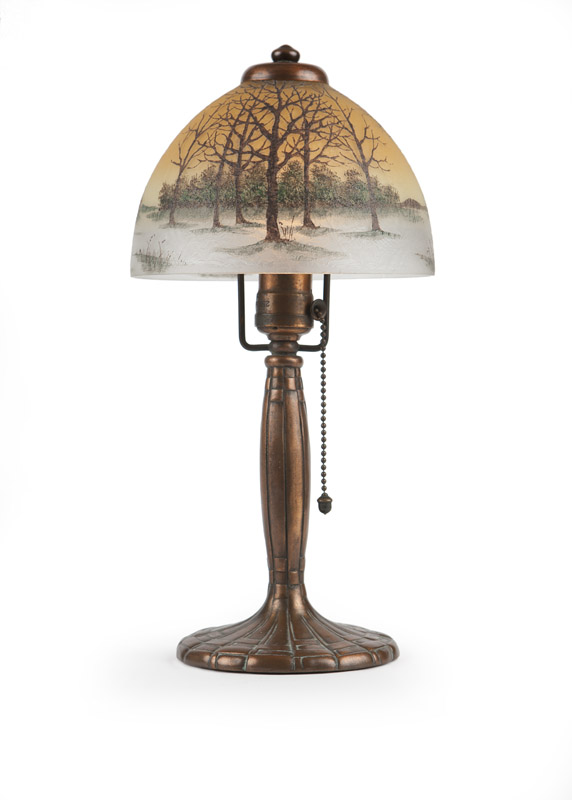 A Handel painted art glass boudoir lamp First quarter 20th century, the shade inscribed ''Handel