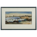 Milford Zornes (1908-2008 Claremont, CA) ''Back Bay - Newport'', harbor scene with figures and