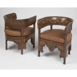 A pair of Syrian parquetry barrel chairs Second half 19th century, each all-over inlaid with