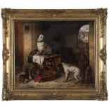 19th Century Continental School Dogs in a courtyard, unsigned, oil on canvas laid to canvas, 25''