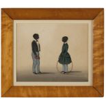 Early 19th century framed folk art silhouette Full length children, boy holding a book and girl