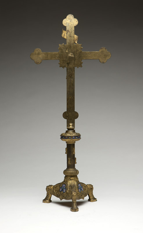 A Continental gilt bronze and champleve crucifix Late 19th century, stamped thrice to interior of - Image 3 of 3