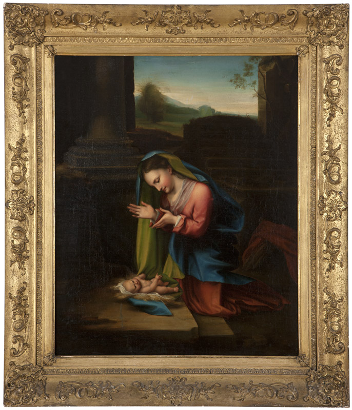 19th Century Continental School After Correggio's ''Madonna Adoring the Child'', unsigned, oil on