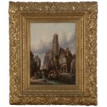 19th Century Continental School Village scene with towering cathedral, signed with conjoined