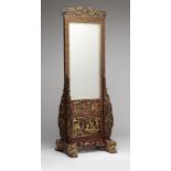 A Chinese carved and polychrome wood floor mirror 20th century, the rectangular plate within a