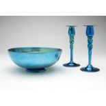 Group of 3 Steuben blue Aurene art glass items First third 20th century, the candlesticks each