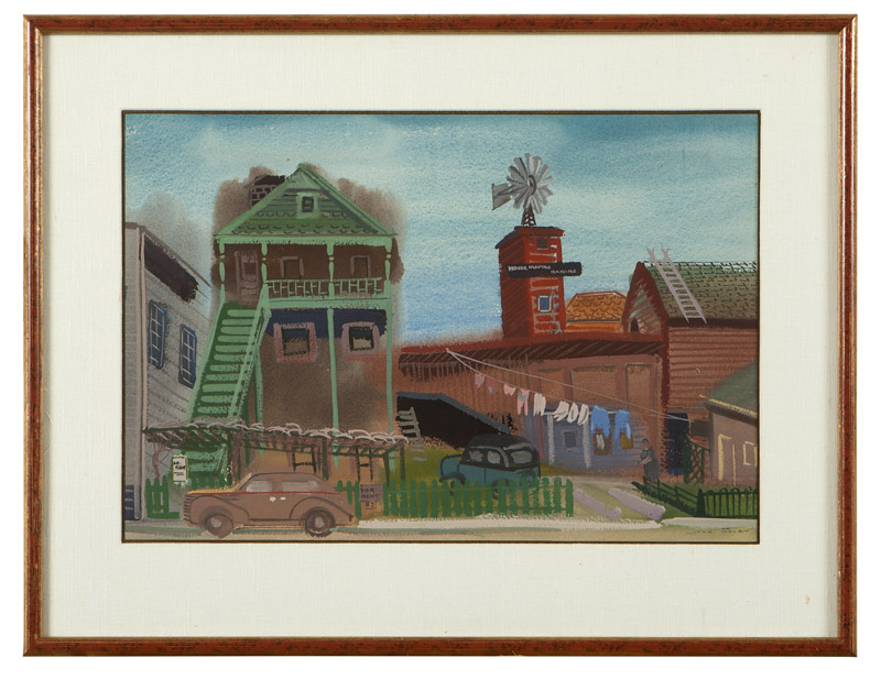 John Haley (1905-1991 Berkeley, CA) Houses with figure and cars, signed lower right: John Haley,