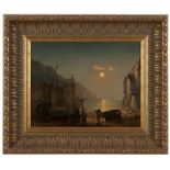 19th Century Russian School Figure near a skiff and sailboat in a coastal village bathed in