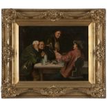 19th Century Continental School Four figures at a tavern table, signed indistinctly lower right, oil