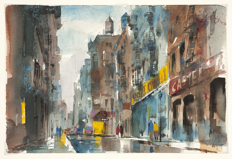 1195  Jack Laycox (1921-1984 San Francisco, CA) "Quiet Afternoon On West Broadway", signed lower - Image 2 of 4