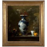1144  20th Century American School Still life with porcelain vase, glass carafe and fruit, signed