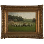1113  Charles T. Phelan (1840-* New York, NY) Shepherd with his flock of sheep, signed lower left: