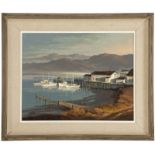 1016  John Frederick Hannah (1903-1994 Burbank, CA) "Morning In Bodega", docked boats in a bay,