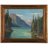 1114  Kathryn W. Leighton (1875-1952 Los Angeles, CA) Mountain landscape with lake, signed lower