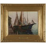 1018  Nell Walker Warner (1891-1970 Carmel, CA) "Fishing Boats - Gloucester", sailboats at harbor,