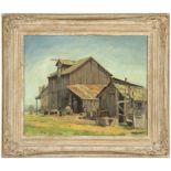 1111  Fritz Kocher (1904-1973 Los Angeles, CA) "Arnez Ranch - Robertson Blvd.", barn with a figure