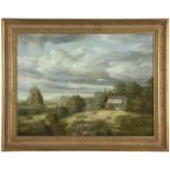 1036  Raymond Bayless (1920-2004 Los Angeles, CA) Atmospheric landscape with house, signed and dated