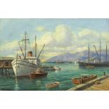 1020  Paul Grimm (1891-1974 Palm Springs, CA) "Santa Barbara", docked boats, signed lower left: Paul