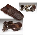 1102  Two pairs of spurs and a tooled leather holster Late 19th/early 20th century, including: 1