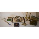 Old tins, brass candlesticks, trays etc
