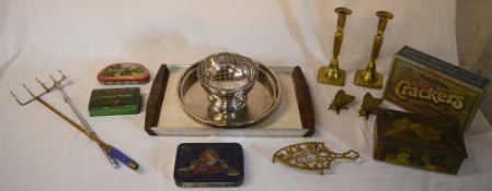 Old tins, brass candlesticks, trays etc